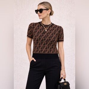 Elegant Monogram Knit Short-Sleeve Sweater — Soft Luxe Feel, Neutral Tones Sz S